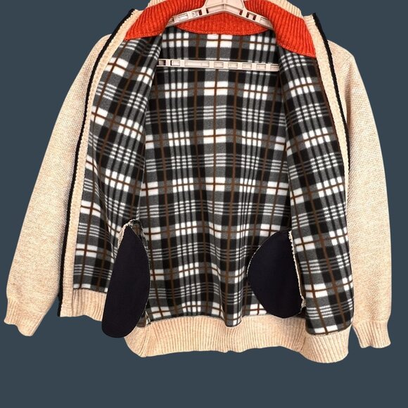 Mens XL Beige Zip Sweater Cardigan Bomber Jacket Plaid Fleece Lined Grandpa Core - Picture 6 of 10